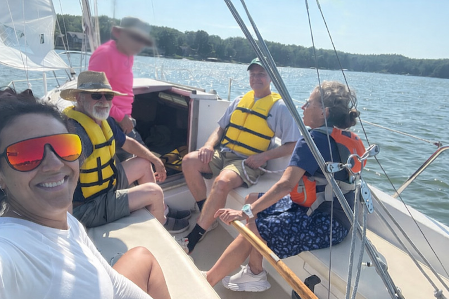 Sue Fisher on the water during a sailing experience